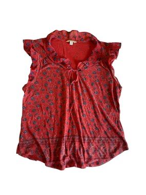 Lucky Brand Red Floral Ruffle-Neck Sleeveless Top Size Large